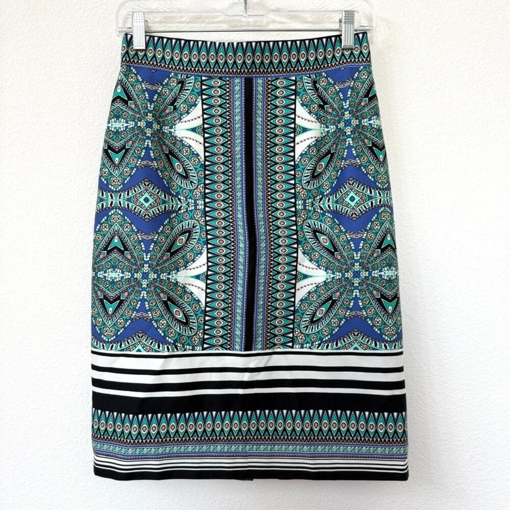 ANTONIO MELANI Pencil‎ Skirt Blue Geometric Print Cotton Lined Size 2 Chic